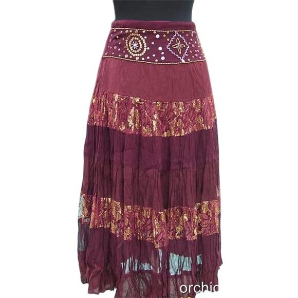 Cache Sequin Metallic Lace Evening Day Skirt Boho Chic New  $128 NWT Burgundy - Picture 1 of 5